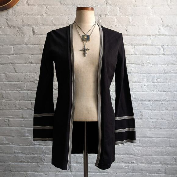 Vintage Black Stripe Knit Cardigan 70's Minimalist Groovy Mod Boho Sweater Small - Picture 1 of 8